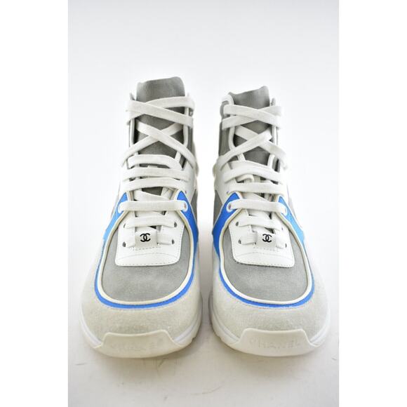 Chanel 18P Blue White Grey CC Logo Lace Up Tie Flat Trainer High Top Sneaker 38 - Picture 13 of 16
